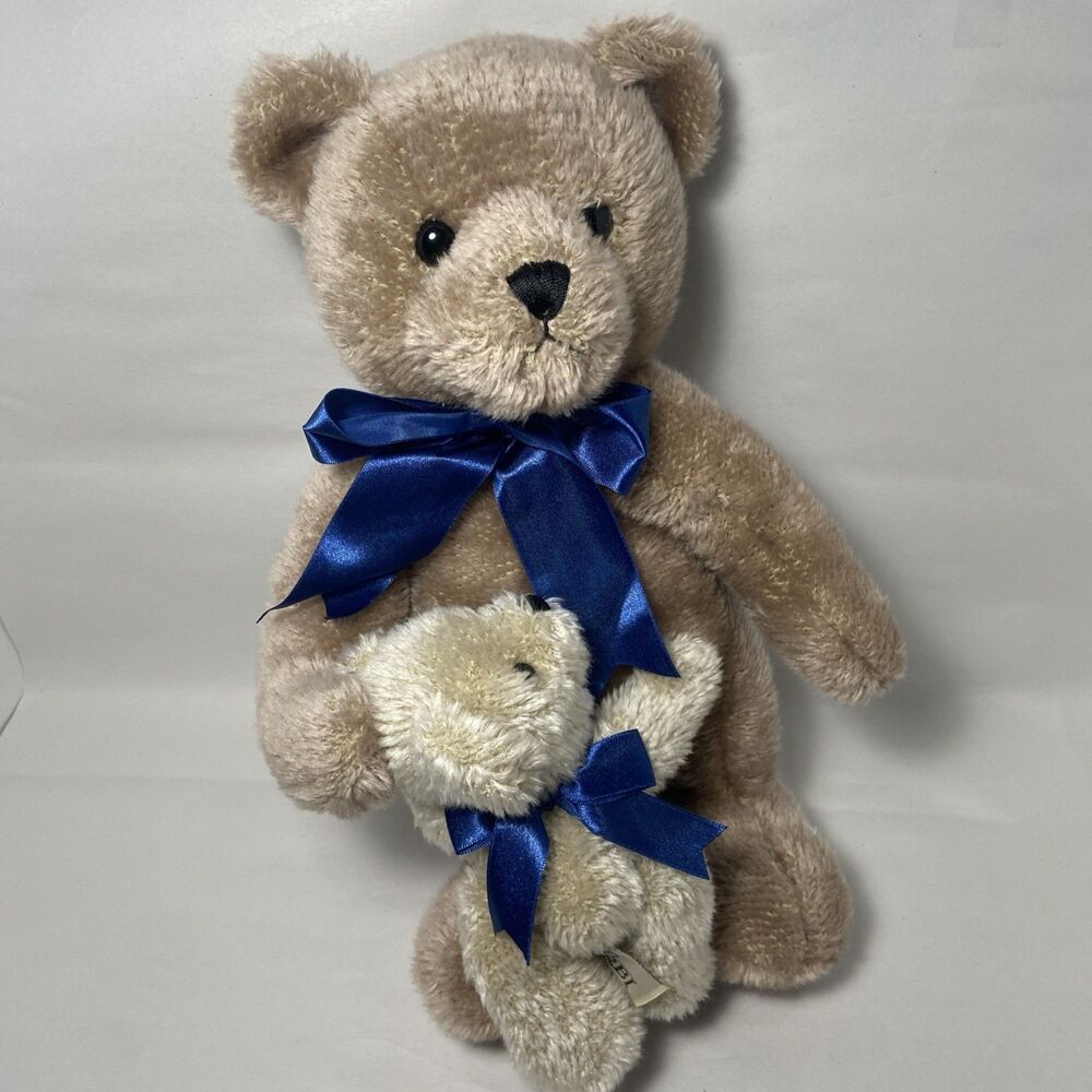 RBI Ron Banafato 15 Inch Tan Teddy Bear Holding Baby  Blue Bow Plush Stuffed Toy